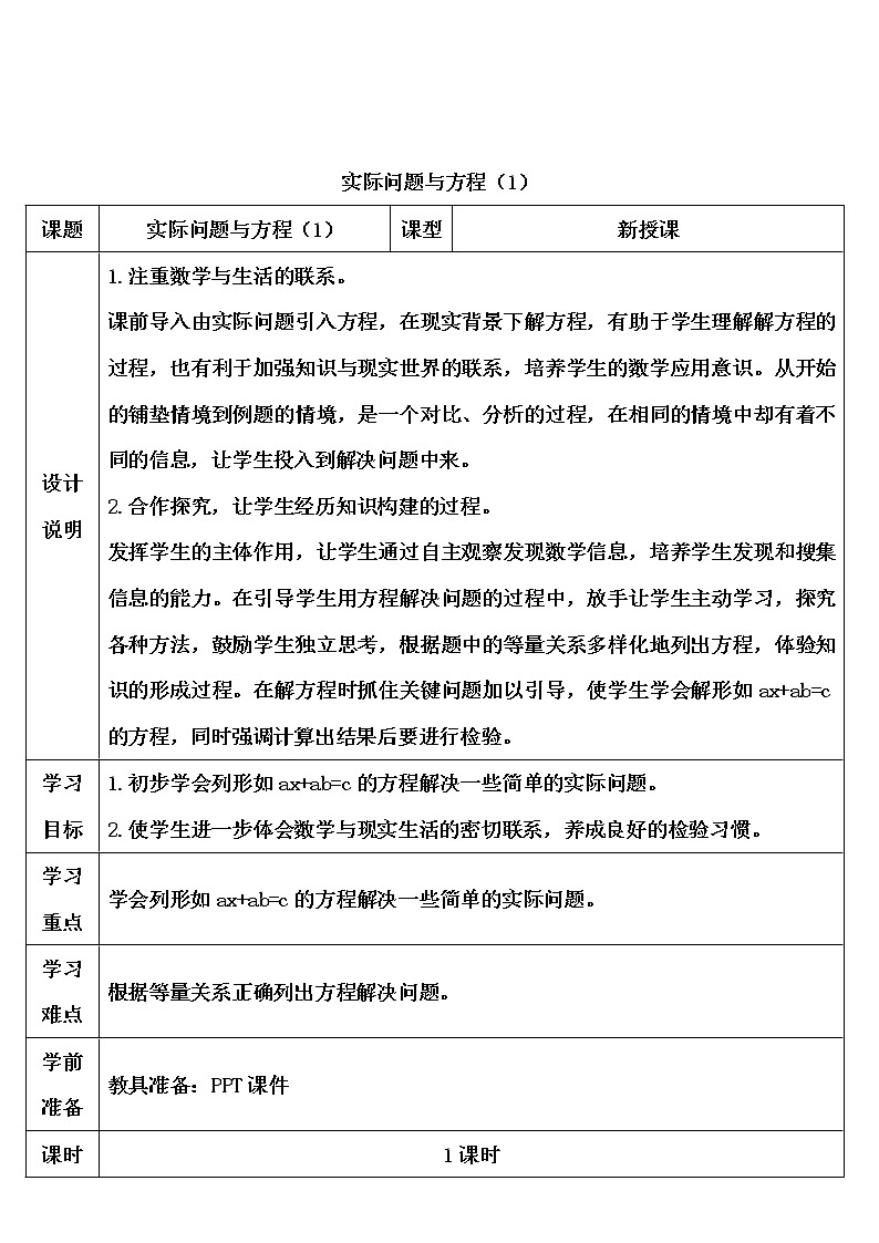 【精品导学案】人教版 五年级上册数学 第5单元 简易方程  5.4实际问题与方程（二）（第1课时）第1页