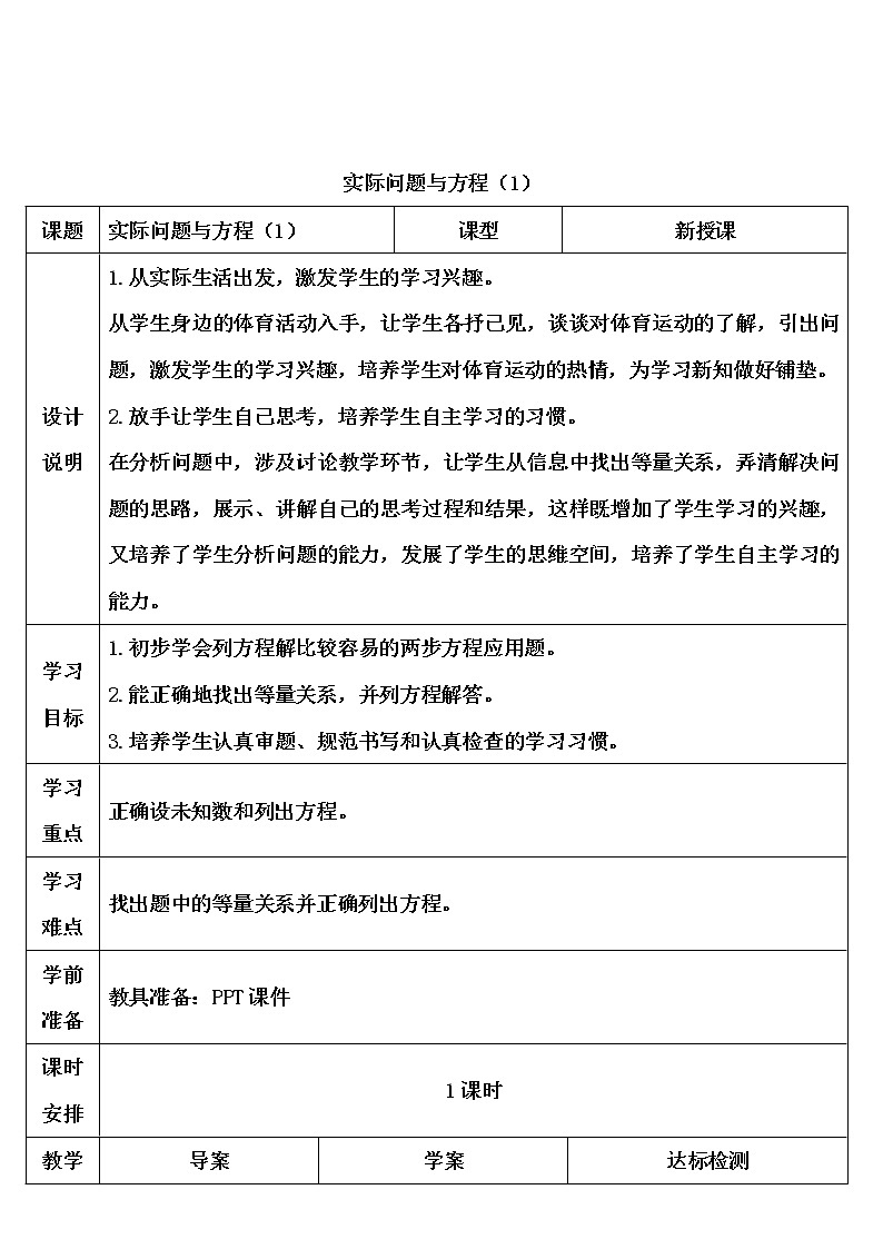 【精品导学案】人教版 五年级上册数学 第5单元 简易方程  5.3实际问题与方程（一）（第1课时）第1页