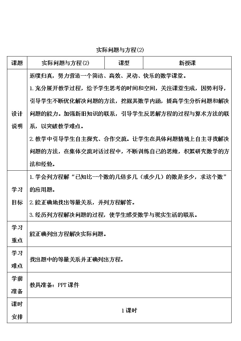 【精品导学案】人教版 五年级上册数学 第5单元 简易方程  5.3实际问题与方程（一）（第2课时）第1页