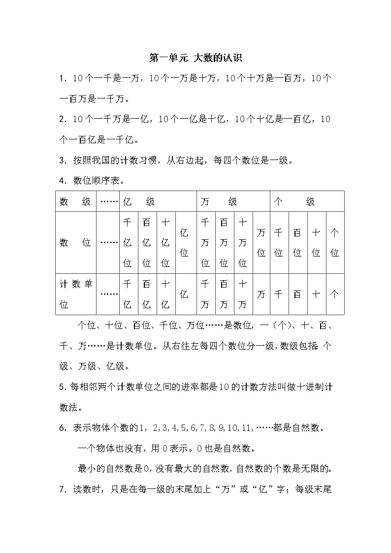 人教版数学四年级上册第一单元大数的认识归纳总结 学案01