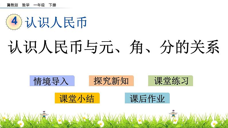 4.1《认识人民币与元、角、分的关系》PPT课件 冀教版数学小学一年级下册01