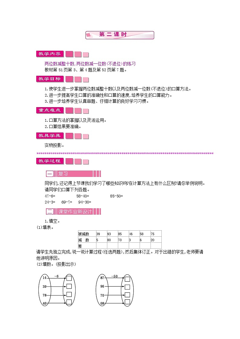 4.3.2《两位数减整十数、一位数（不退位）》教案 苏教版数学小学一年级下册第1页