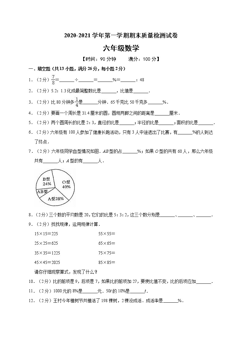 六年级上册数学试题期末考试数学冲刺卷（有答案）人教新课标（2014秋）01