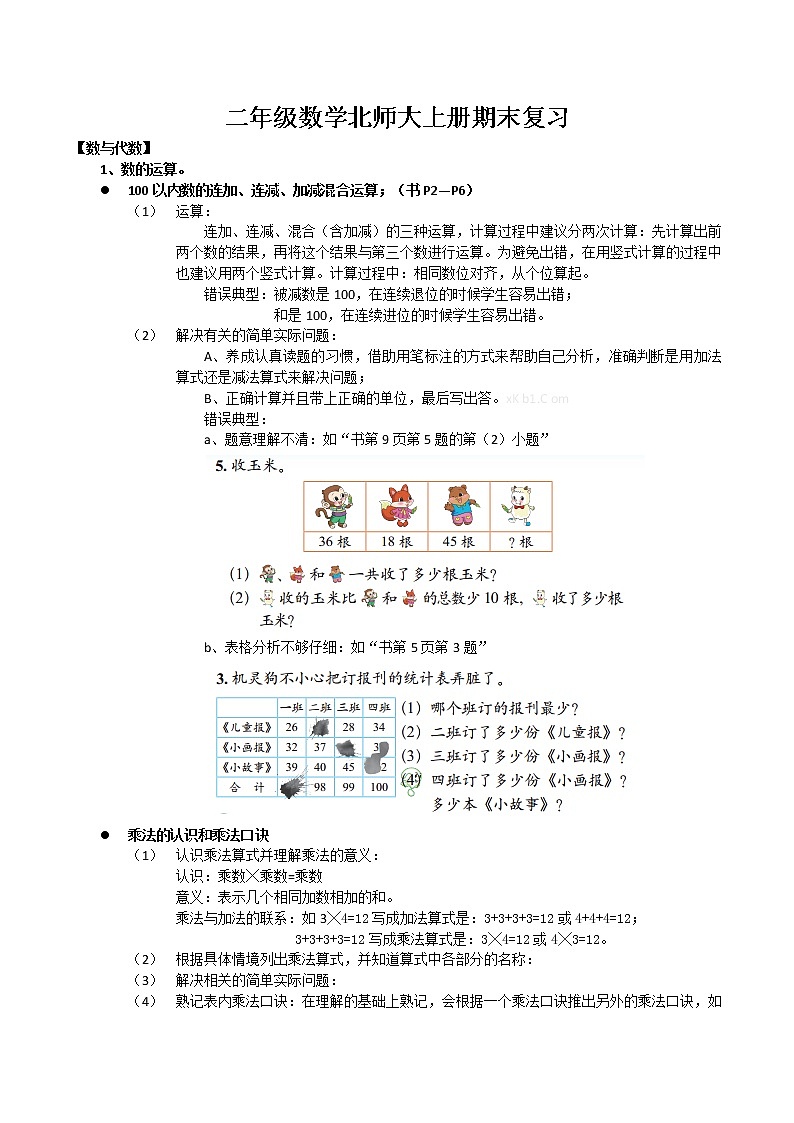 二年级数学北师大版上册复习重点内容第1页