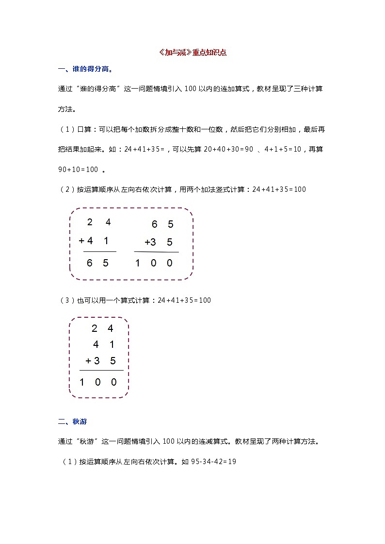 北师大二年级上册数学第一单元《加与减》重点汇总，附练习第1页
