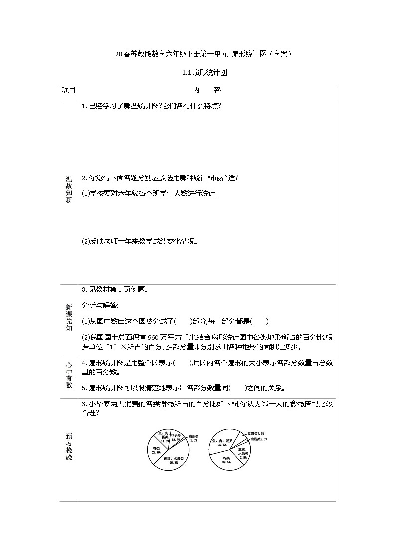 2021春苏教版数学六年级下册第一单元 扇形统计图（学案）1.1 扇形统计图01