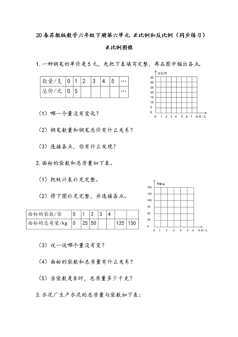 20春苏教版数学六年级下册第六单元 正比例和反比例（同步练习）6.2  正比例图像01