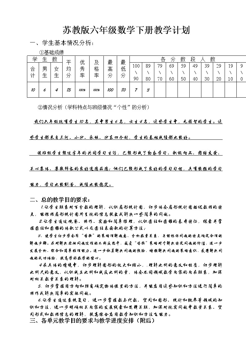 苏教版六年级数学下册教学计划第1页