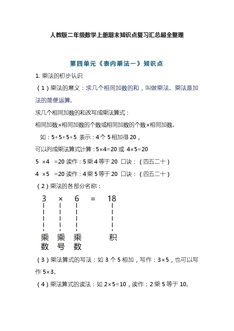 人教版二年级数学上册第4单元知识点期末复习汇总超全整理01