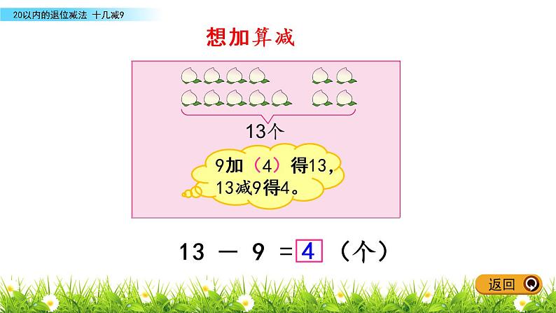 一年级下册数学课件1.20以内的退位减法1 十几减9 苏教版（2014秋）(共13张PPT)05