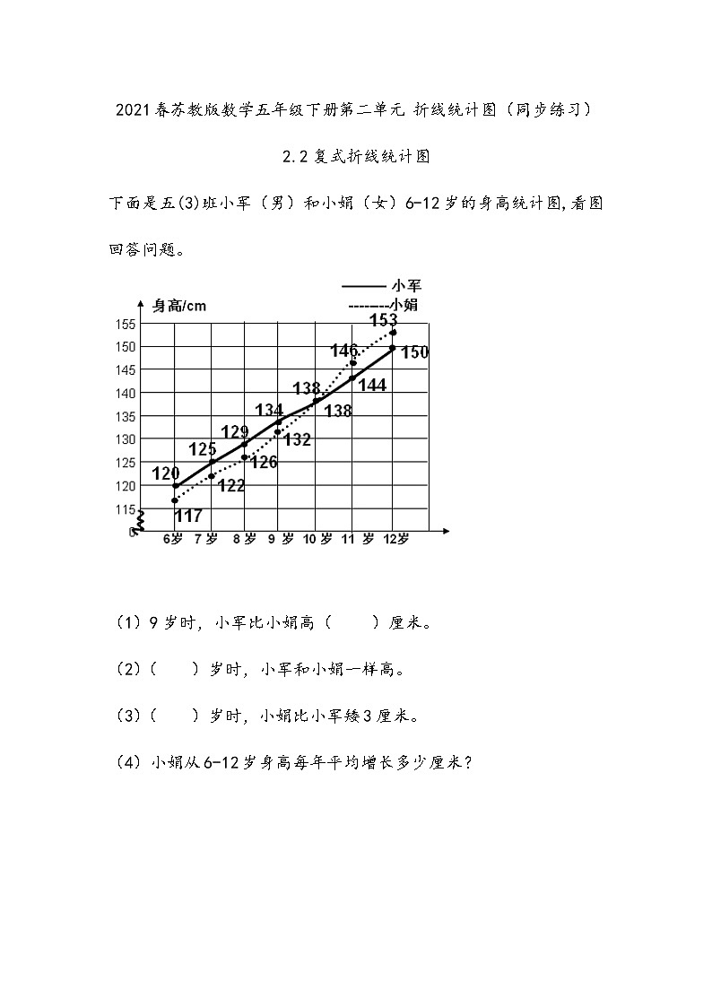 2021春苏教版数学五年级下册第二单元 折线统计图（同步练习）2.2 复式折线统计图01