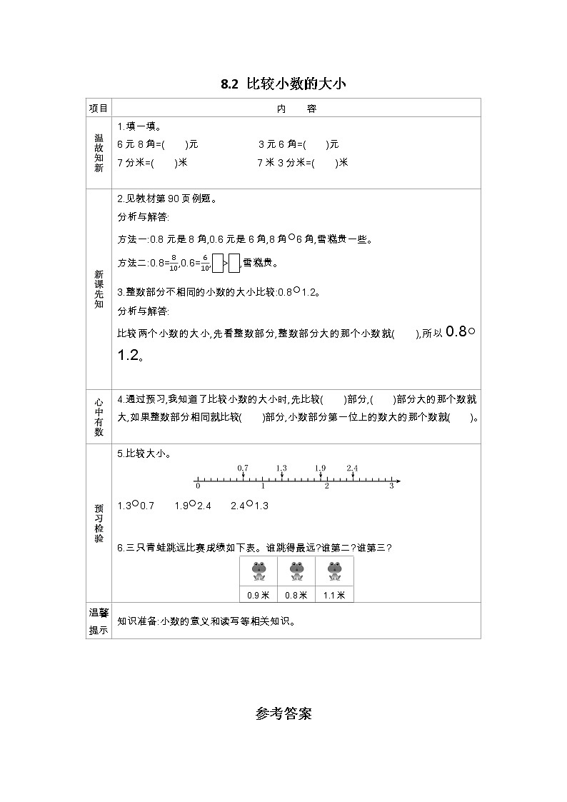 8.2《比较小数的大小》学案（含答案）苏教版 三年级数学下册01