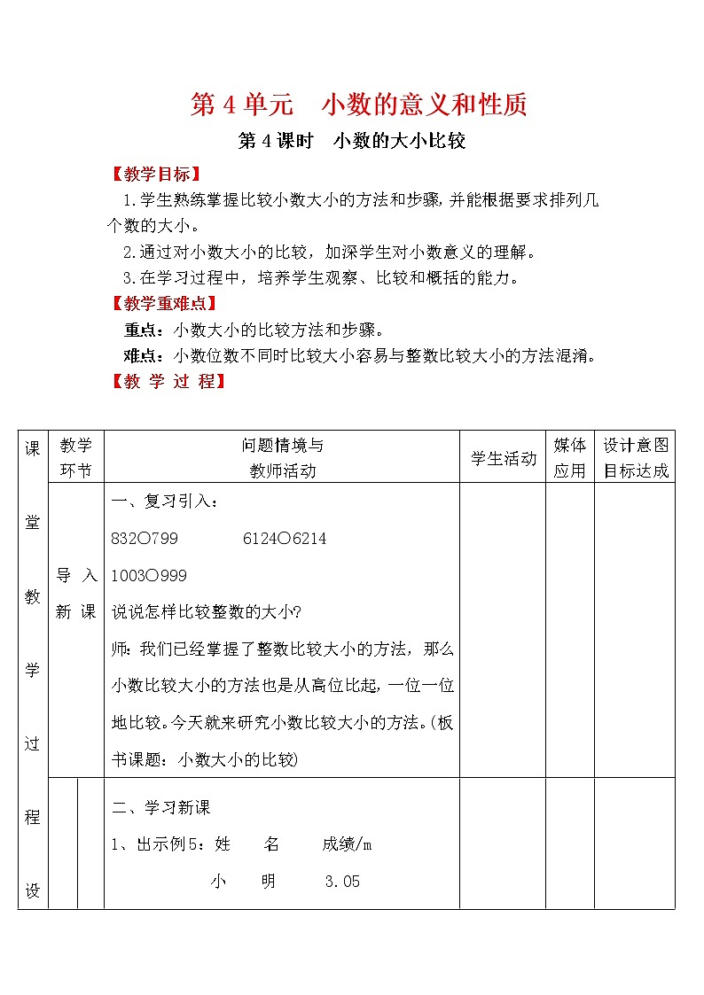 【精品教案】人教版小学数学四年级下册 第四单元 第4课时  小数的大小比较01