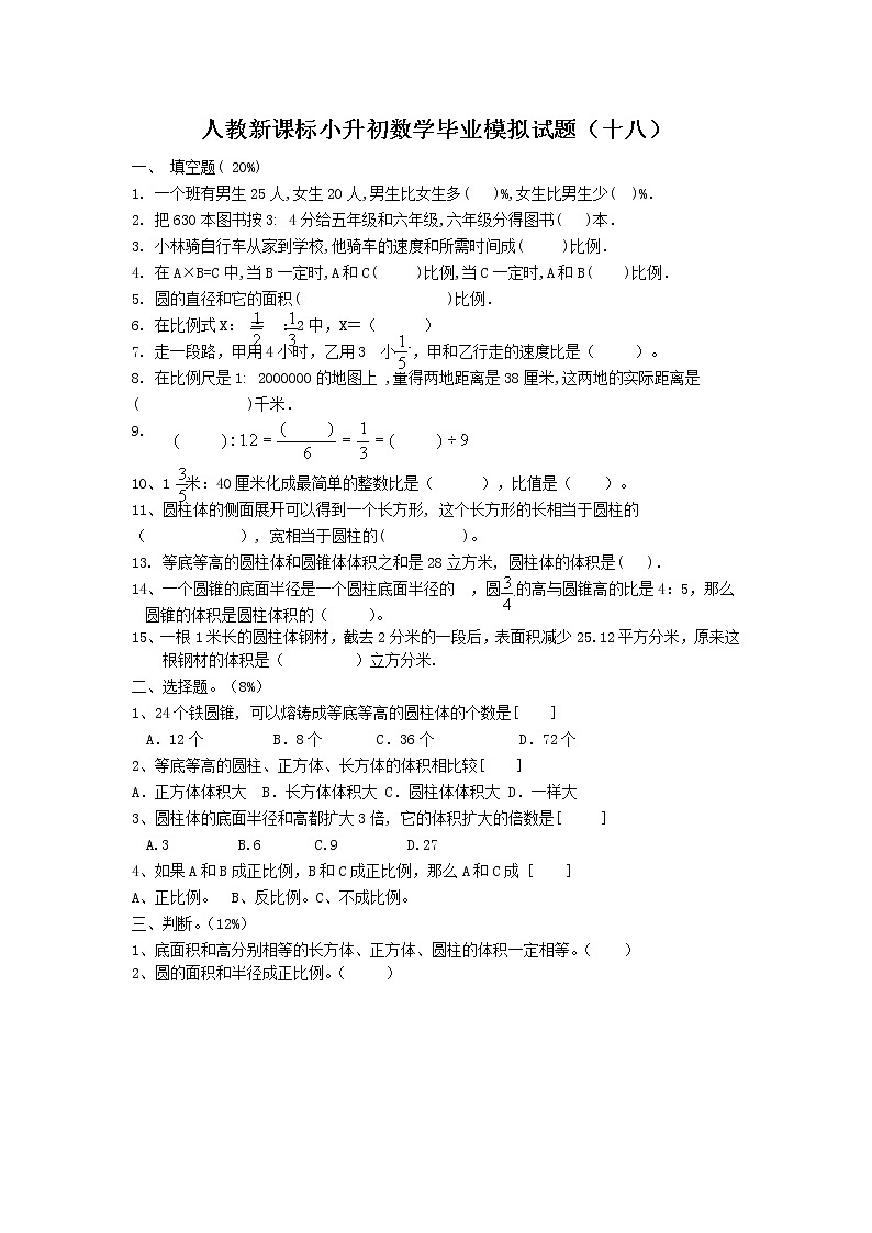 人教新课标小升初数学毕业模拟试题（十八）第1页