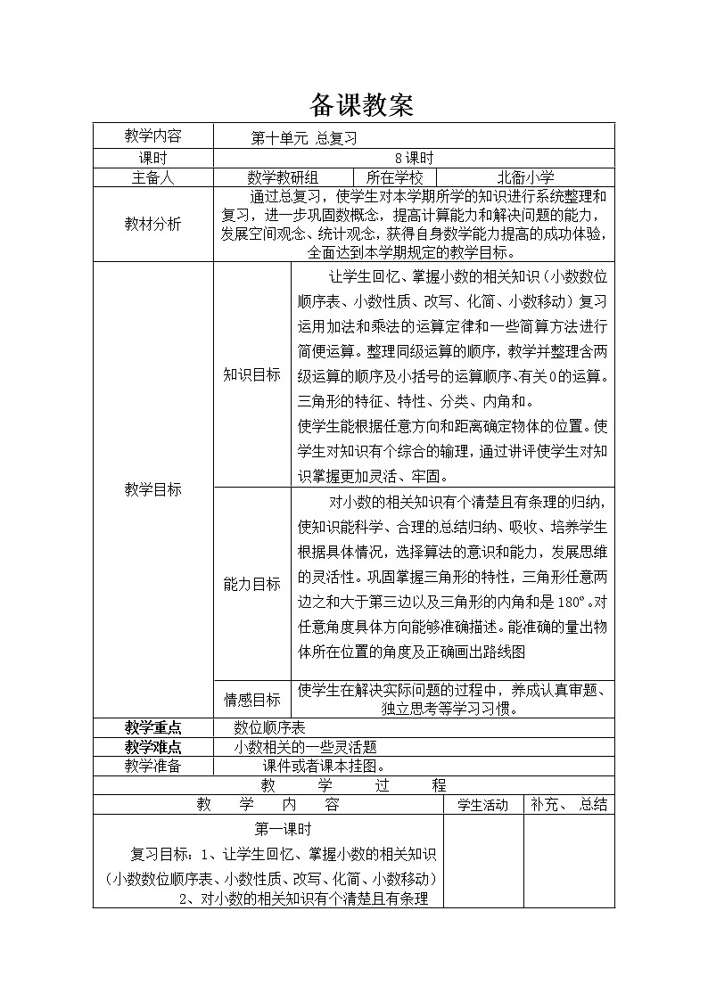 【精品教案】人教版小学数学四年级下册 第十单元 总复习01
