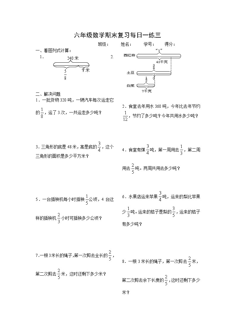 苏教版六上数学数学期末复习每日一练三第1页