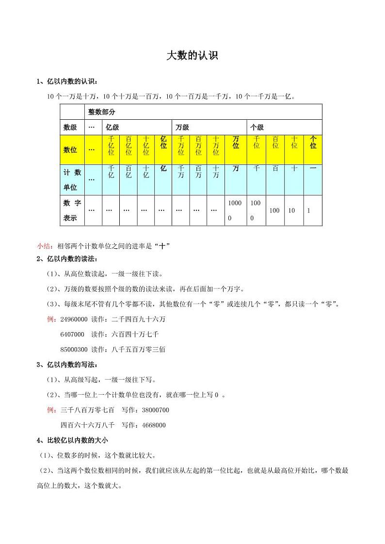人教版四年级数学上册《大数的认识》知识点整理+专项练习01