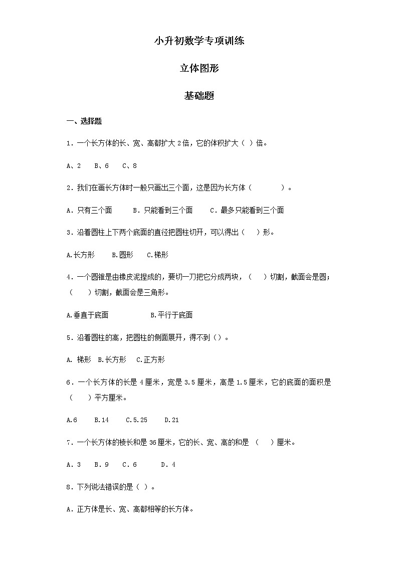 小升初数学知识专项训练（空间与图形）- 3立体图形（20页）试卷01