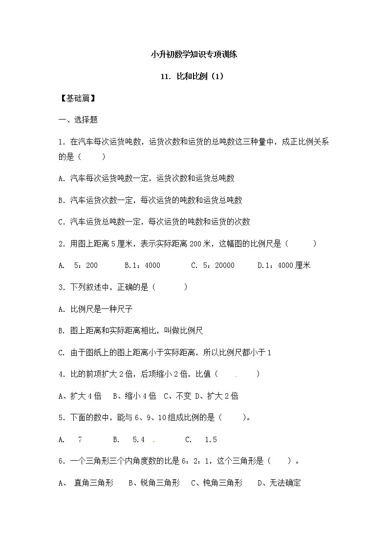 小升初数学知识专项训练一   数与代数-11.比和比例（1）（12页）试卷01