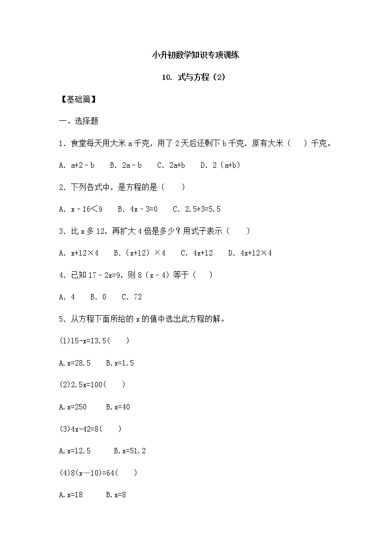 小升初数学知识专项训练一   数与代数-10.式与方程（2）（18页）试卷01