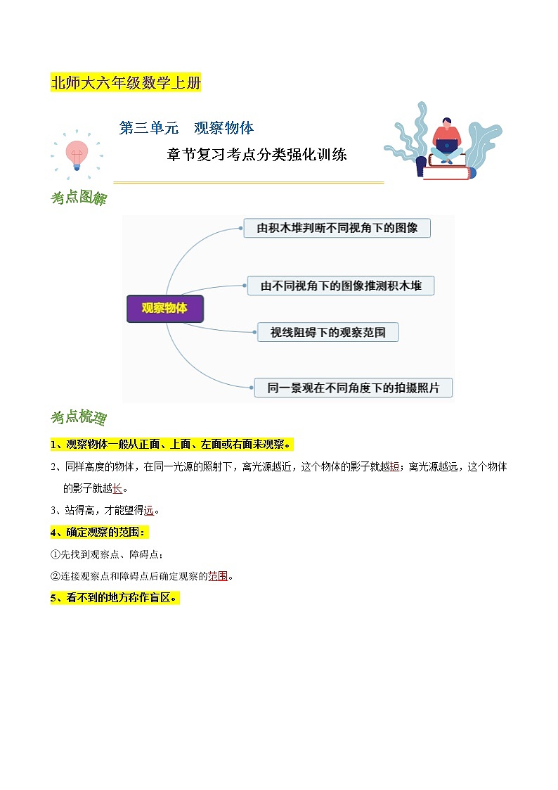 北师大版 第三单元《 观察物体》章节复习—六年级数学上册考点分类强化训练01