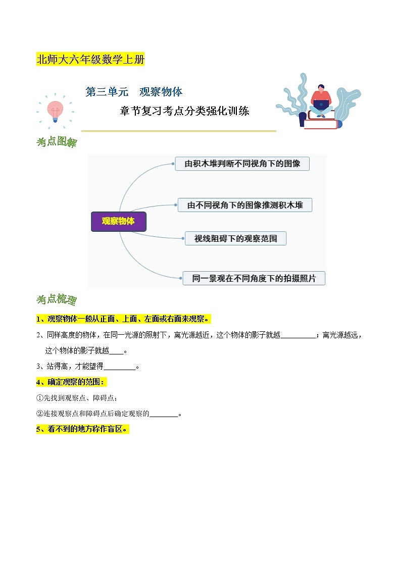 北师大版 第三单元《 观察物体》章节复习—六年级数学上册考点分类强化训练01