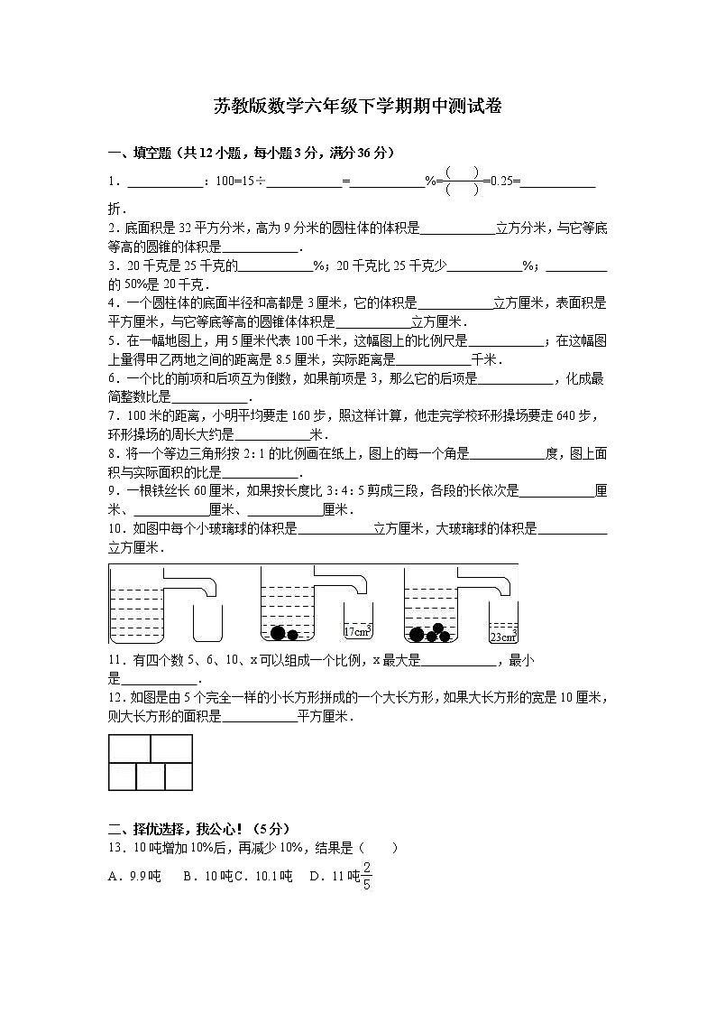 通用版数学六年级下册苏教版数学六年级下学期期中测试卷14第1页