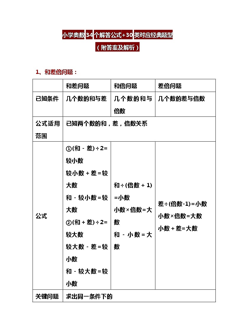 小学奥数34个解答公式+30类对应经典题型01