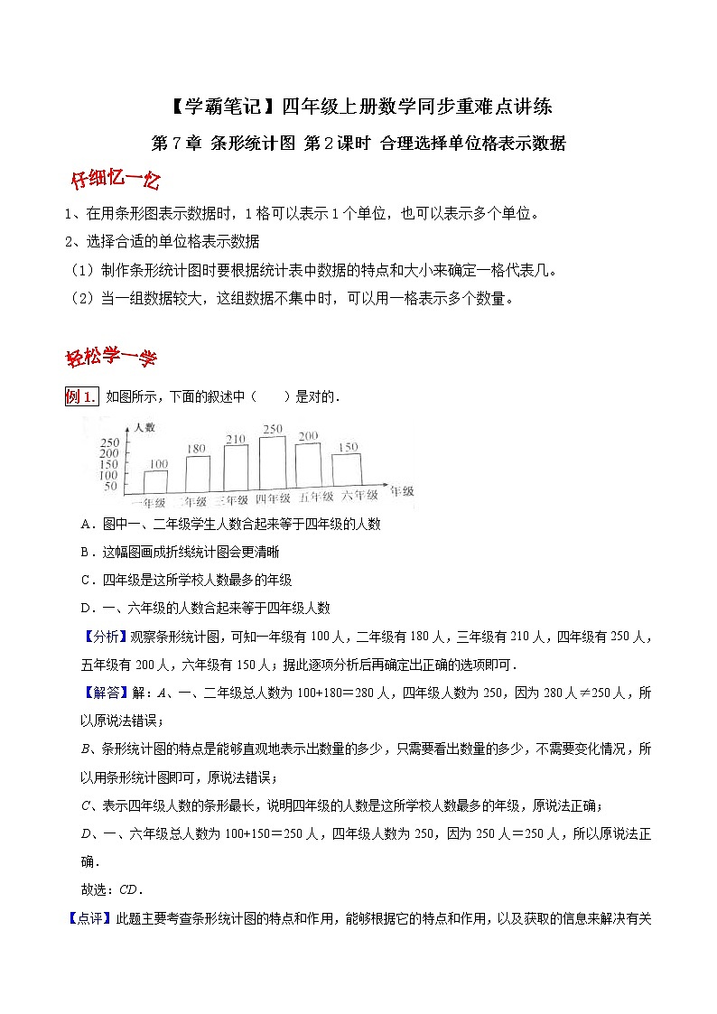 人教版四年级数学上【学霸笔记】第7章 条形统计图 (2) 试卷01