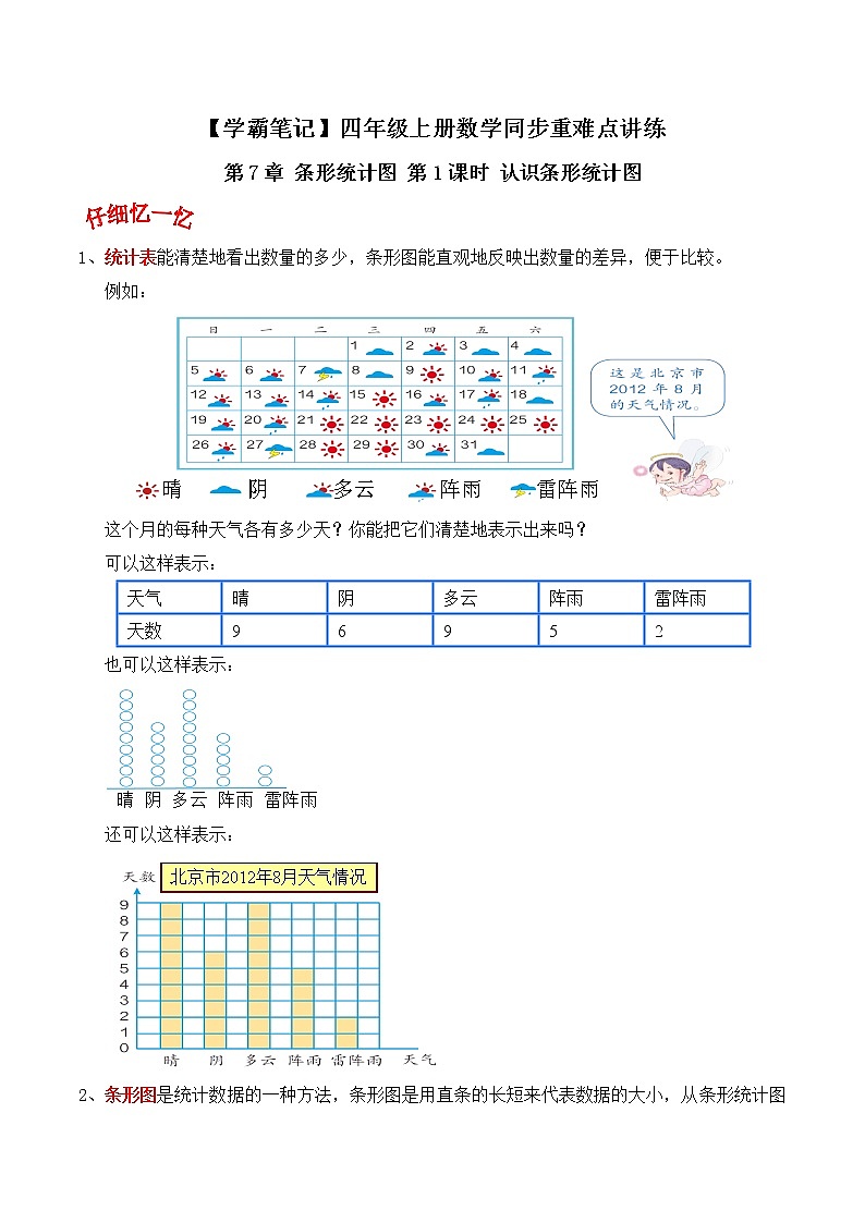 人教版四年级数学上【学霸笔记】第7章 条形统计图 (1) 试卷01