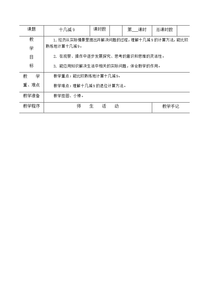 小学 数学  苏教版  一年级下册  一 20以内的退位减法1、十几减9教案01