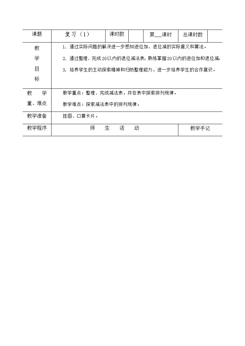 小学 数学 苏教版  一年级下册 一 20以内的退位减法8复习（1）教案01