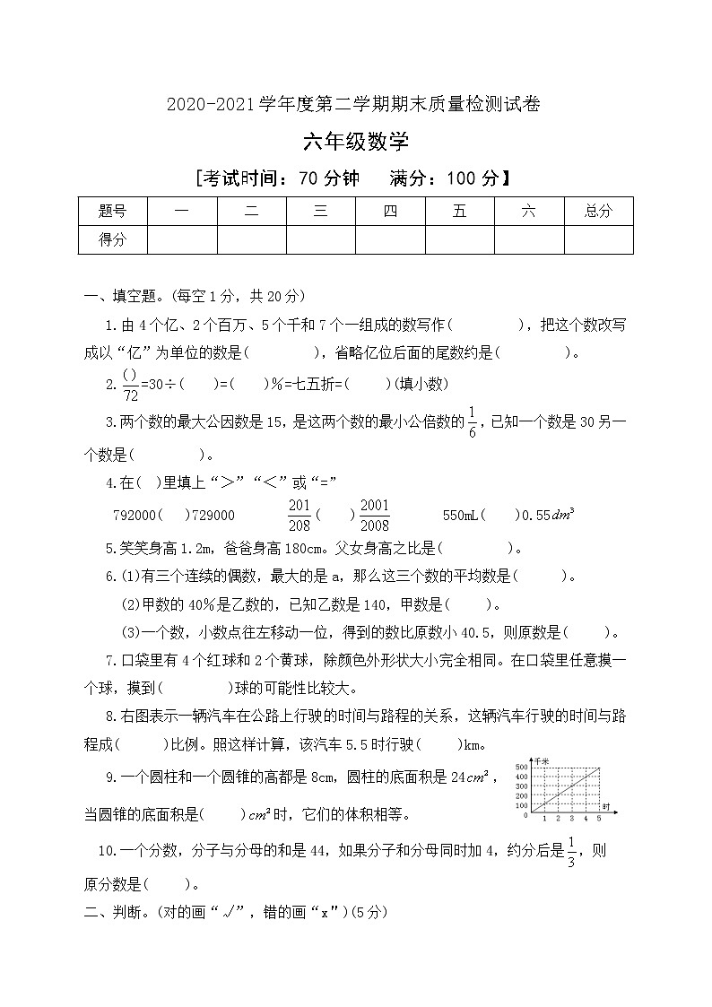 2020-2021学年六年级下册数学期末质量检测试卷人教新课标版含答案01