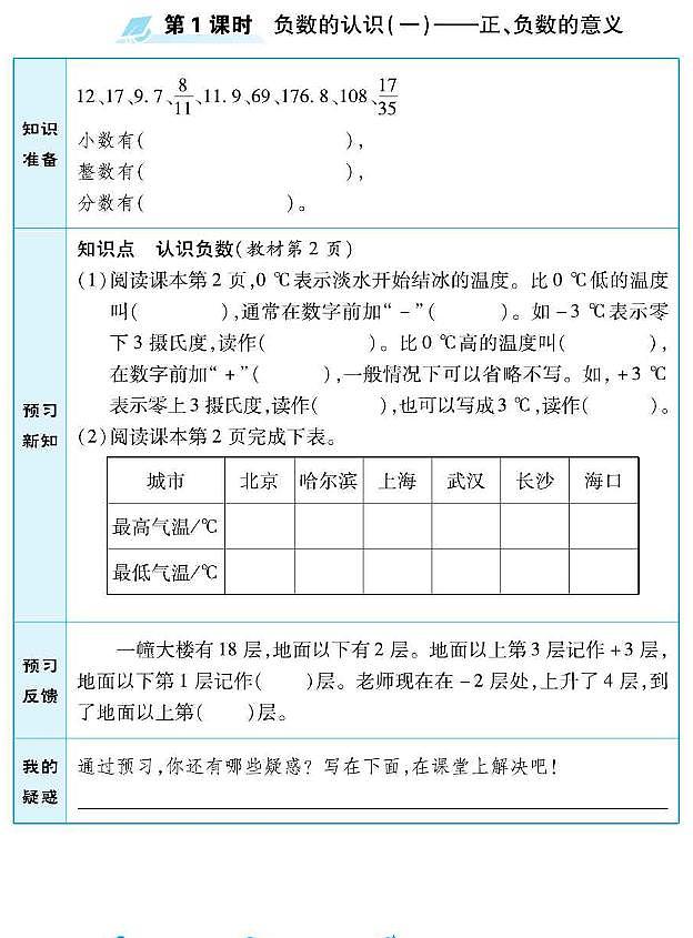 人教版六年级数学下册预习学案含答案PDF版第1页