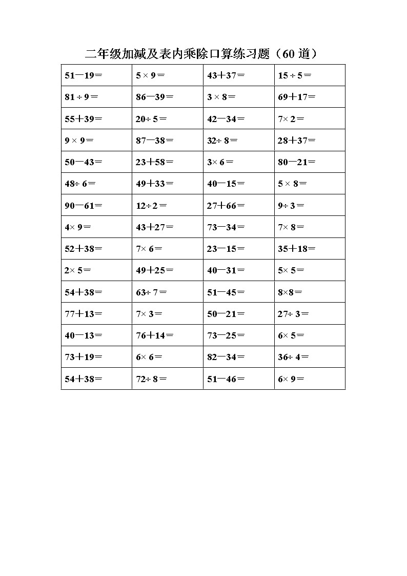 人教版二年级数学下册加减混合及乘除法混合口算练习题(60道题第1页