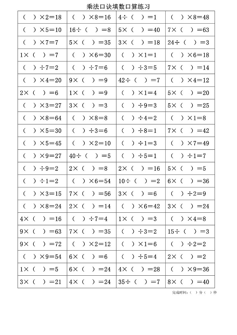 二年级数学下册乘法口诀填数练习可打印第1页