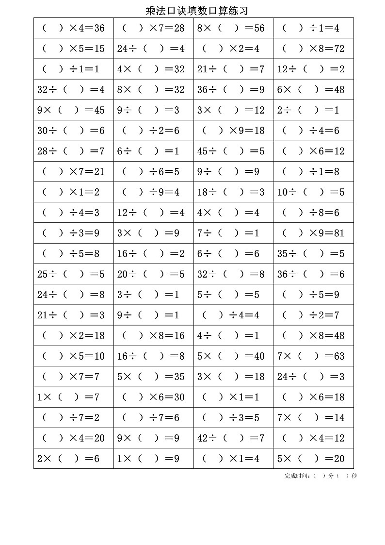 二年级数学下册乘法口诀填数练习可打印第2页