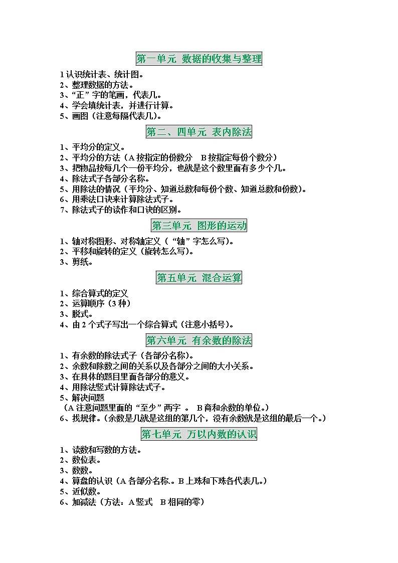 人教版二年级数学下册复习要点及应用题专项复习第1页