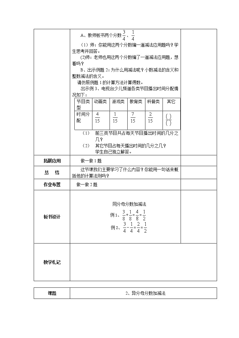 新人教版五年级数学下册第6单元《分数的加法与减法》教案表格式教案02