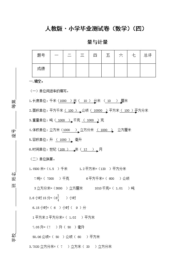人教版数学毕业测试卷六年级下册专题测试卷( 量与计量)01