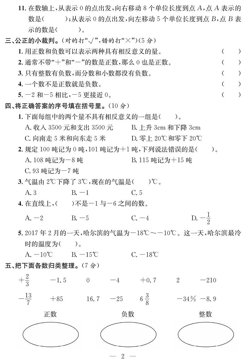 试卷（单元+月考+期中+期末） 6年级数学下册（人教版）02