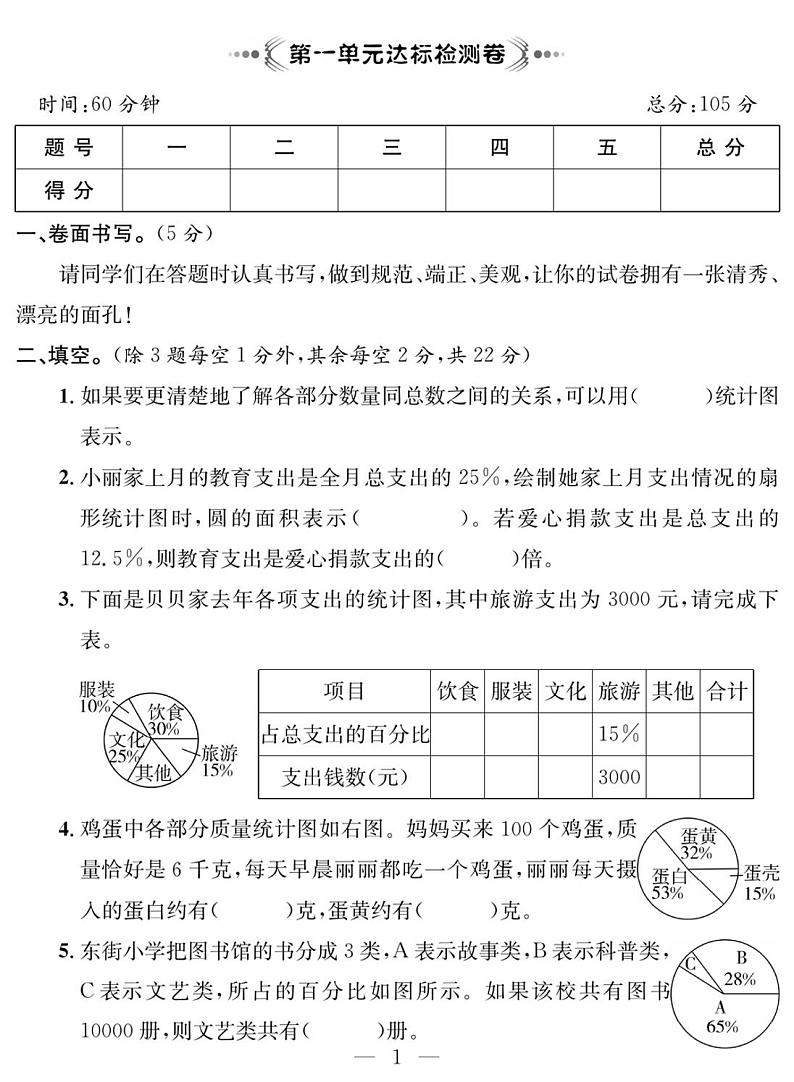 试卷（单元+月考+期中+期末） 6年级数学下册（苏教版）第1页