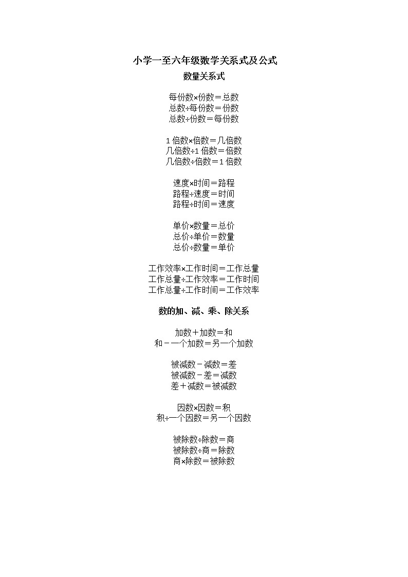 小学一至六年级数学关系式及公式第1页