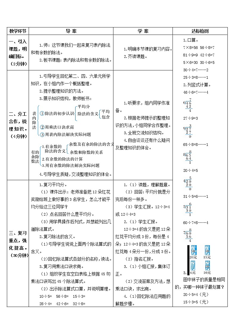 二年级数学下册10总复习第1课时表内除法有余数的除法导学案新人教版02