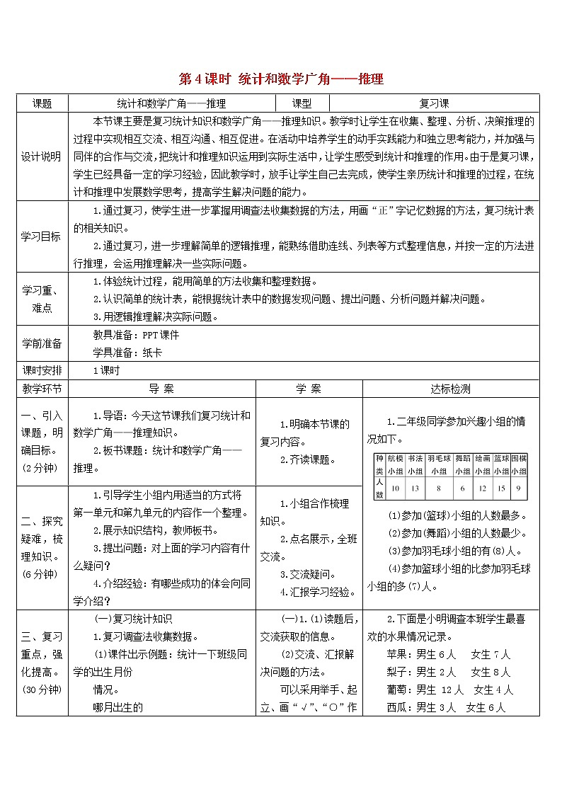 二年级数学下册10总复习第4课时统计和数学广角__推理导学案新人教版第1页