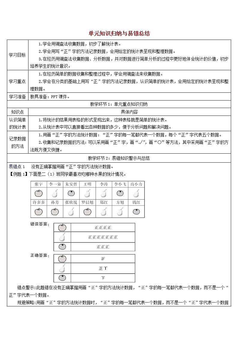 二年级数学下册1数据收集整理单元知识归纳与易错总结导学案新人教版01
