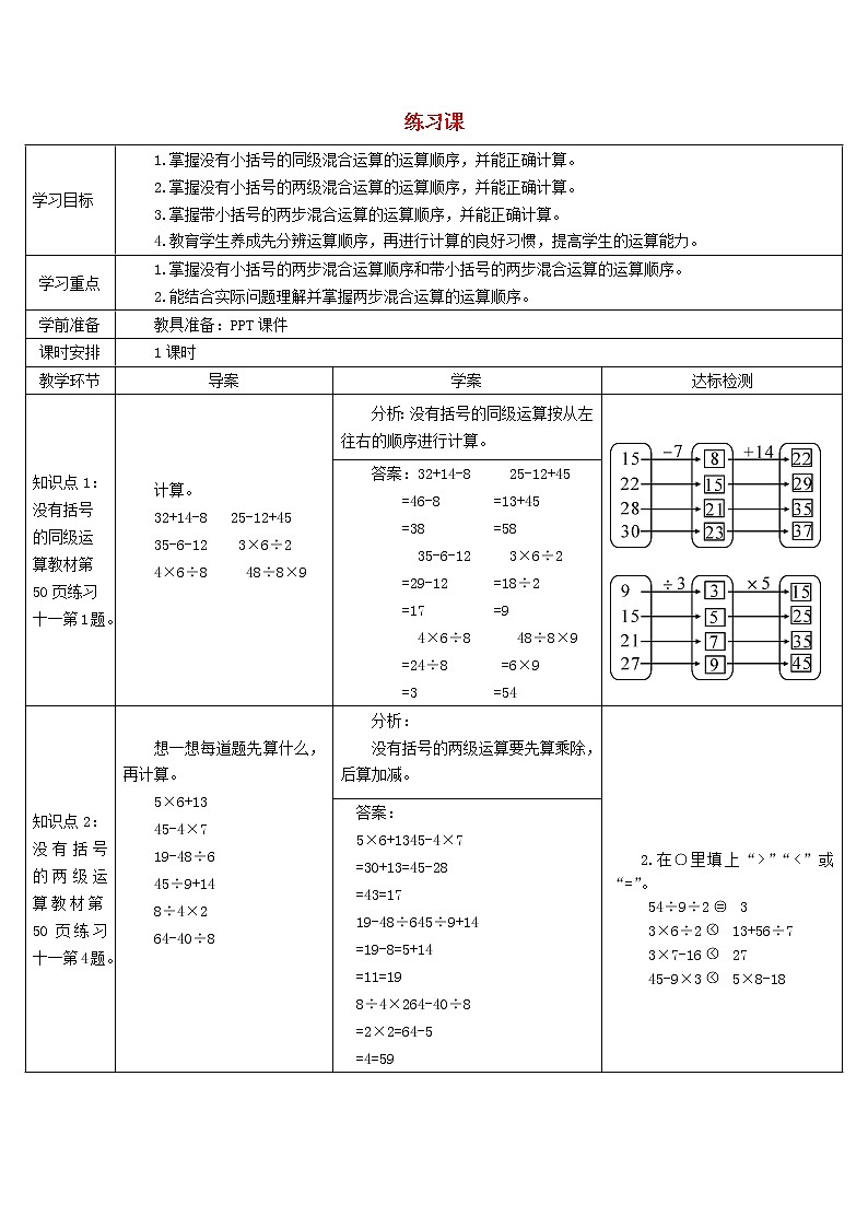 二年级数学下册5混合运算练习课1_3课时导学案新人教版01