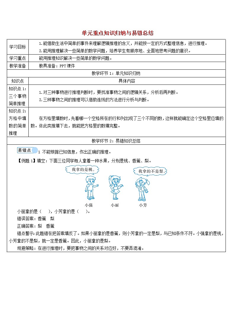 二年级数学下册9数学广角__推理单元重点知识归纳与易错总结导学案新人教版01