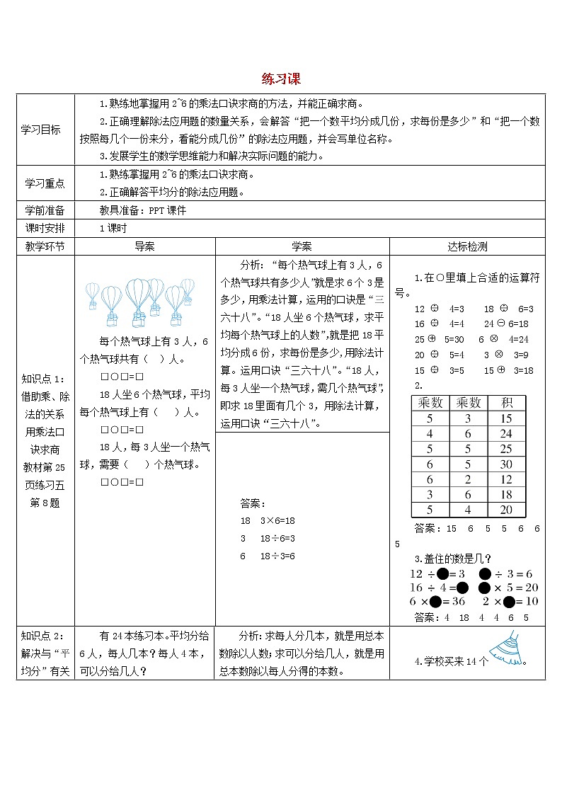 二年级数学下册2表内除法一2用2_6的乘法口诀求商练习课1_3课时导学案新人教版01
