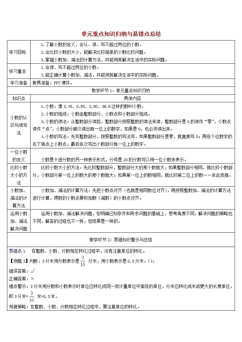 三年级数学下册7小数的初步认识单元重点知识归纳与易错点总结导学案新人教版第1页